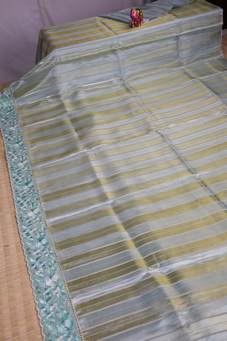 Gray Black Tussar Saree with Silver Zari Stripes view 2