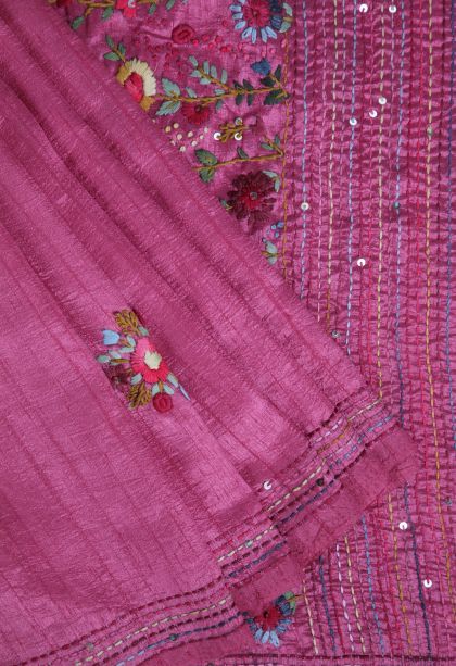 Fuscia Pink Jute Sarees with Without Zari Zari Floral Patterns