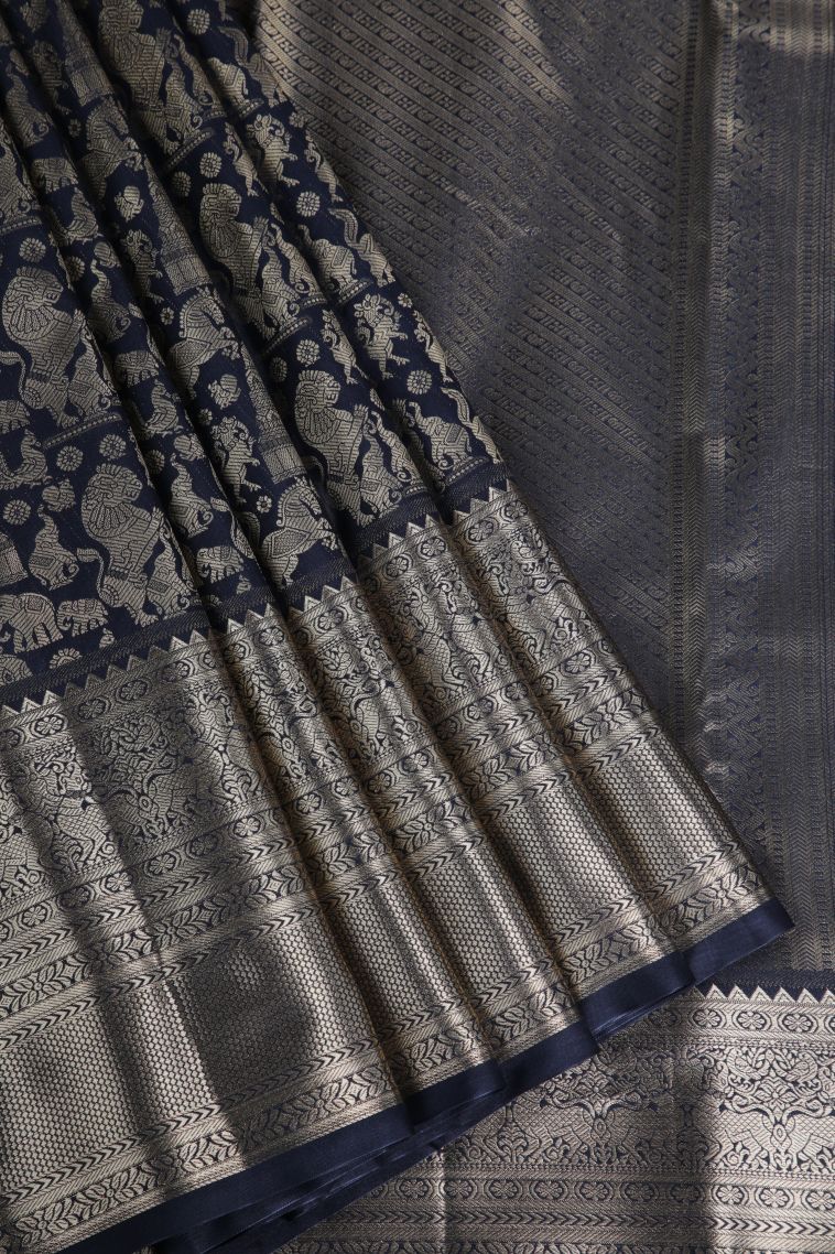 Rock Black Apoorva Silk Sarees with Gold Zari Animal And Bird Motifs view 1