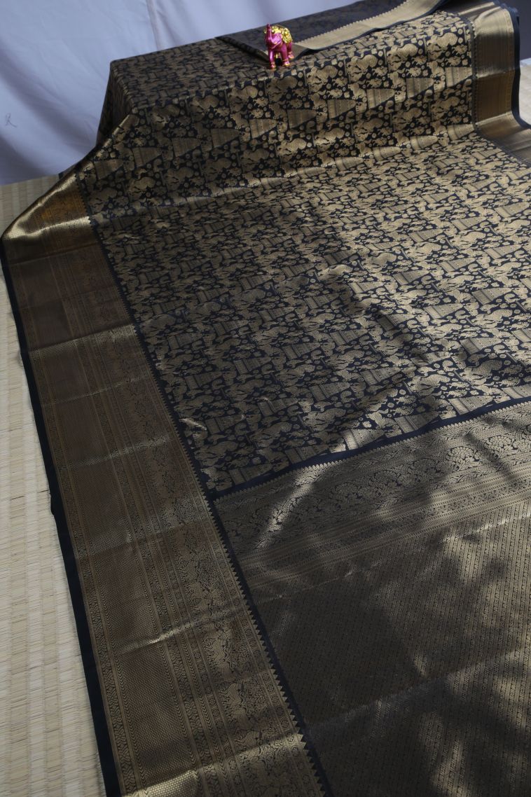 Rock Black Apoorva Silk Sarees with Gold Zari Animal And Bird Motifs view 2