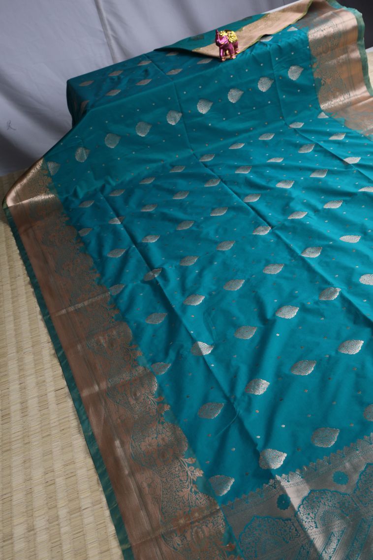 Cerulean Blue Apoorva Silk Sarees with Gold Zari Floral Patterns view 2