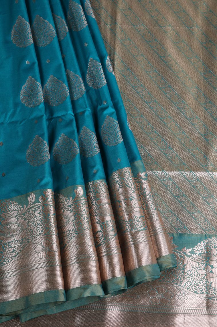 Cerulean Blue Apoorva Silk Sarees with Gold Zari Floral Patterns view 1