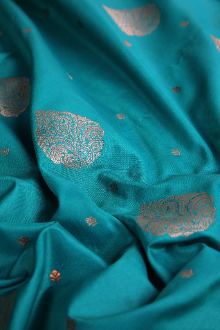 Cerulean Blue Apoorva Silk Sarees with Gold Zari Floral Patterns view 4