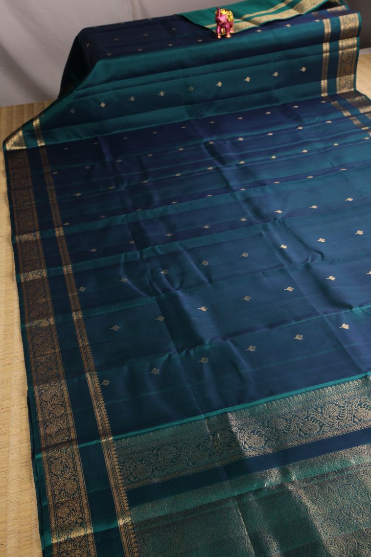 Ocean Blue Soft Silk Saree with Gold Zari Floral Puttas view 2