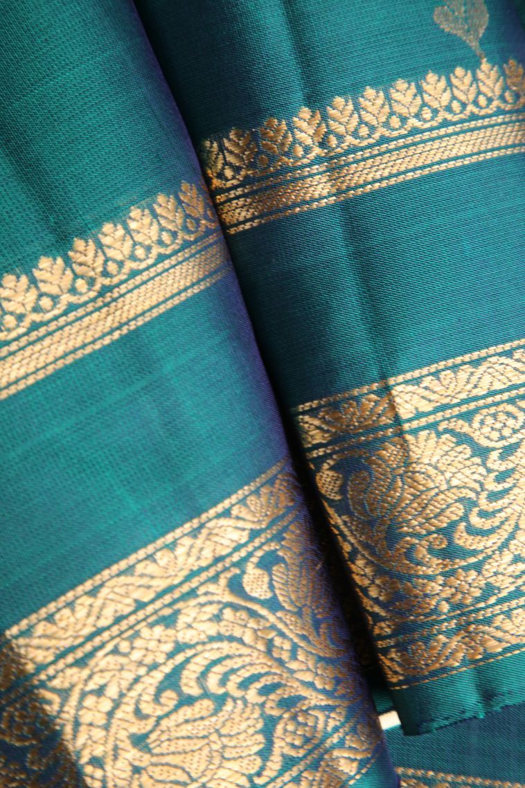 Ocean Blue Soft Silk Saree with Gold Zari Floral Puttas view 4