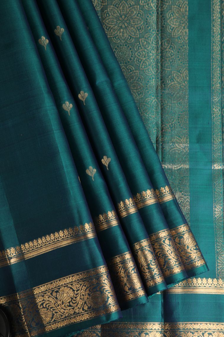 Ocean Blue Soft Silk Saree with Gold Zari Floral Puttas view 1