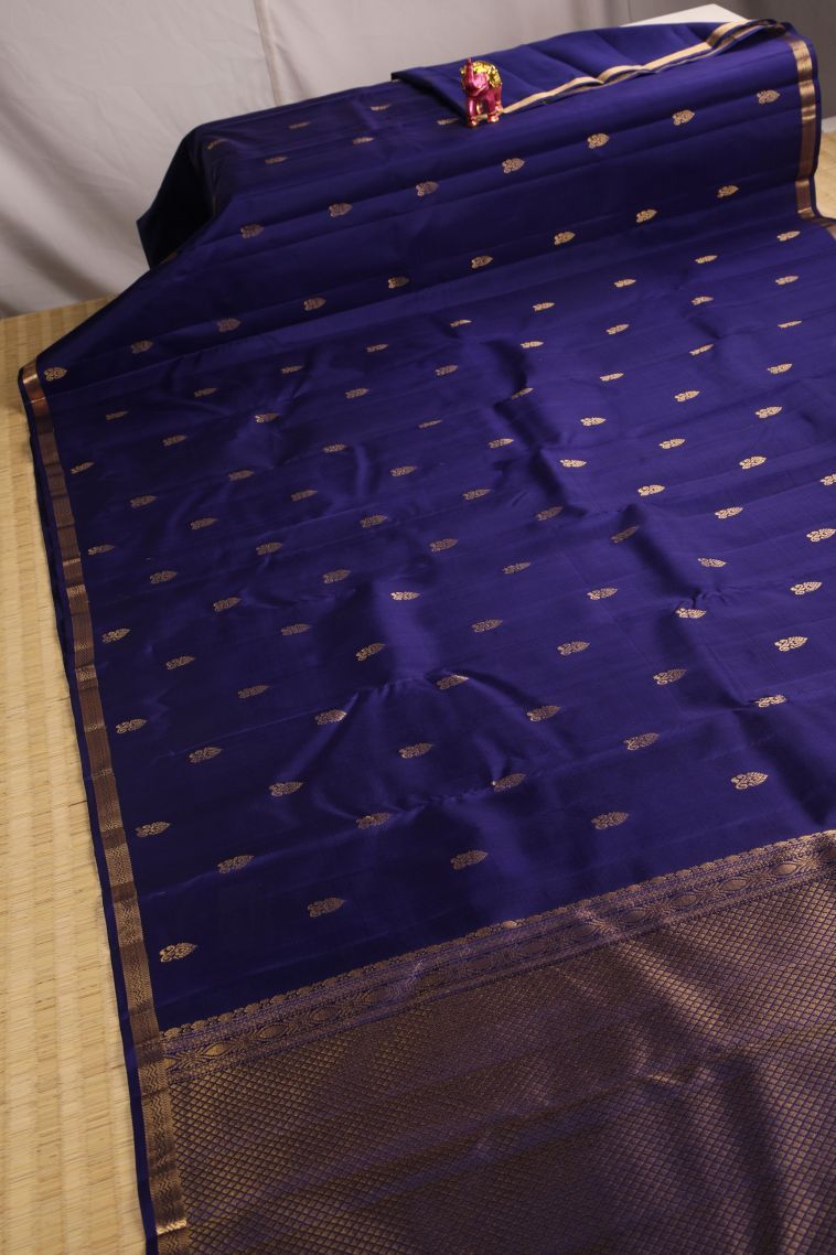 Admiral Blue Soft Silk Saree with Gold Zari Floral Puttas view 2
