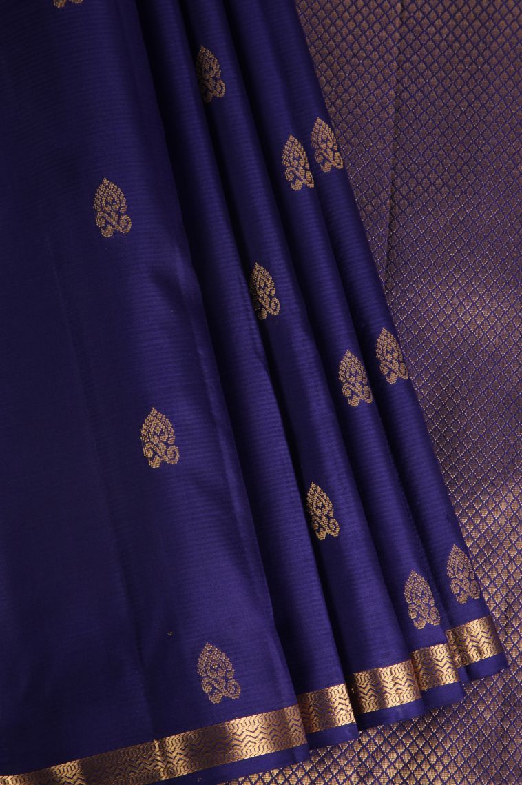 Admiral Blue Soft Silk Saree with Gold Zari Floral Puttas view 1