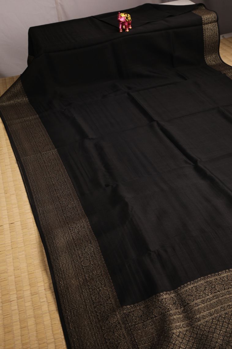 Asphalt Black Banaras Sarees with Gold Zari Plain view 2