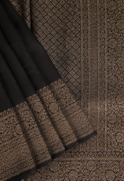 Asphalt Black Banaras Sarees with Gold Zari Plain