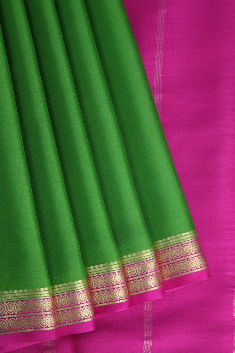 Shamrock Green Mysore Silk with Gold Zari Plain view 1