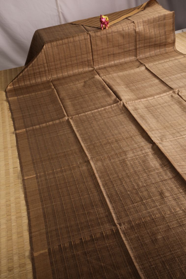 Peanut Brown Jute Sarees with Gold Zari Checks view 2