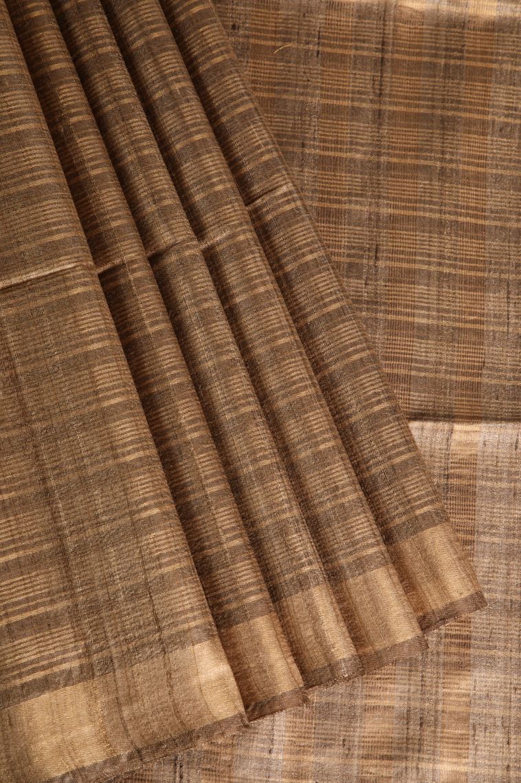 Peanut Brown Jute Sarees with Gold Zari Checks view 1