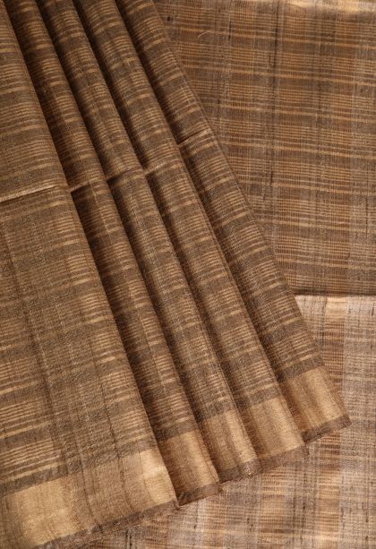 Peanut Brown Jute Sarees with Gold Zari Checks
