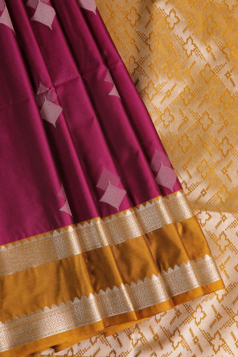 Magenta  Pink Soft Silk Saree with Silver Zari Geometric Shapes view 1
