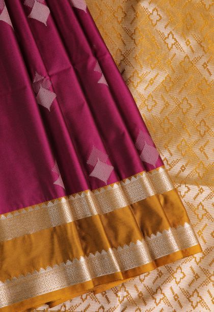 Magenta  Pink Soft Silk Saree with Silver Zari Geometric Shapes