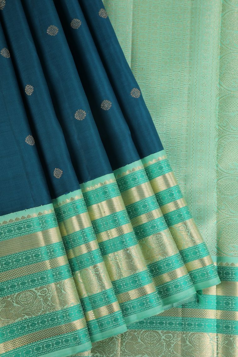 Aegean Blue Kanchipuram Silk Sarees with Gold Zari Buttis (small Dots Or Motifs) view 1