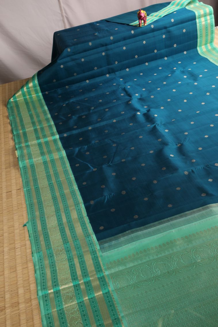 Aegean Blue Kanchipuram Silk Sarees with Gold Zari Buttis (small Dots Or Motifs) view 2