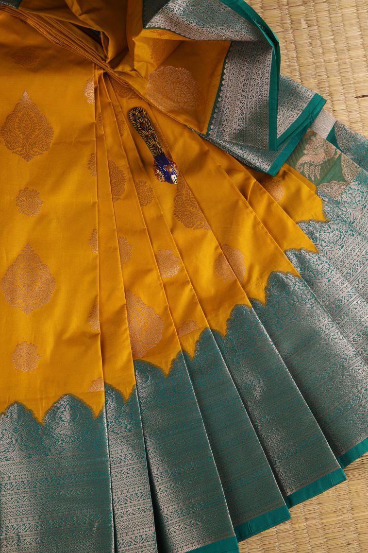 Granola Yellow Visiri Madippu Silk Sarees with Silver Zari Thilagam Puttas view 1