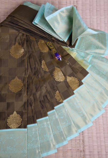 Coffee Brown Visiri Madippu Silk Sarees with Gold Zari Checks