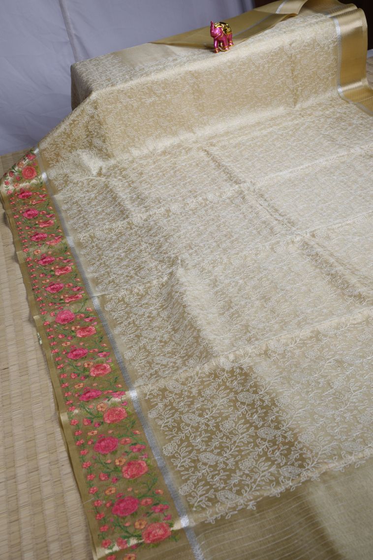 Gold Tissue Silk Sarees with Gold And Silver Zari Floral Patterns view 2