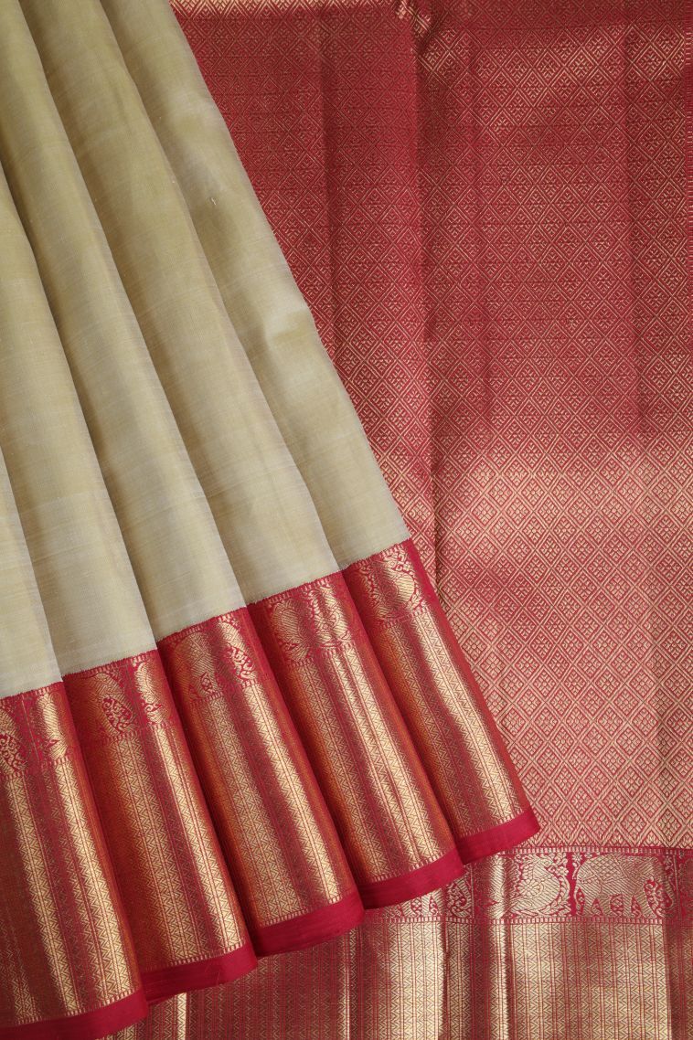 Beige Yellow Kanchipuram Silk Sarees with Gold Zari Plain view 1