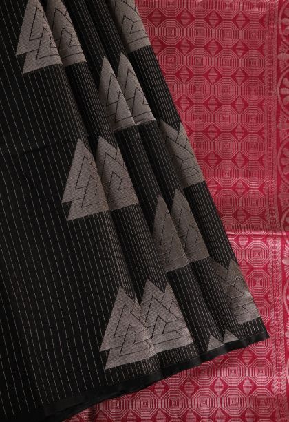 Asphalt Black Silk Cotton Sarees with Silver Zari Geometric Shapes
