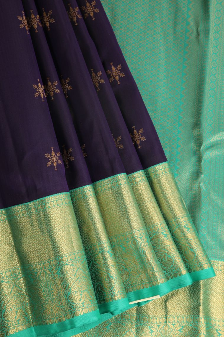 Indigo Blue Soft Silk Saree with Gold Zari Buttis (small Dots Or Motifs) view 1
