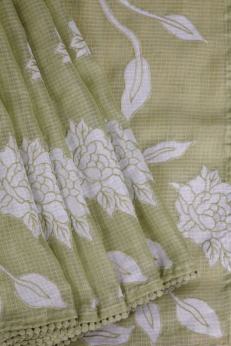 Olive Green Organza Saree with Without Zari Zari Floral Patterns view 1