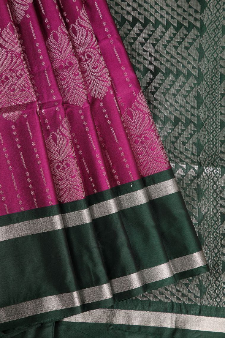 Magenta Purple Soft Silk Saree with Silver Zari Floral Puttas view 1