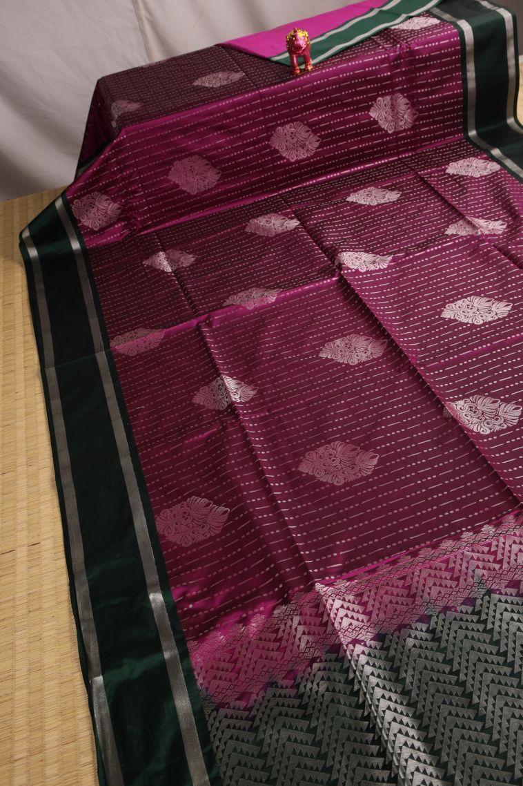 Magenta Purple Soft Silk Saree with Silver Zari Floral Puttas view 2