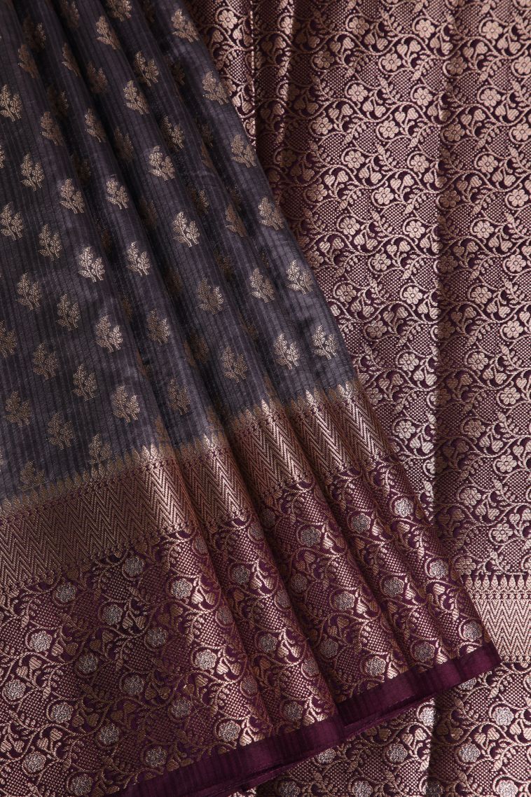 Damp Black Jute Sarees with Gold Zari Buttis (small Dots Or Motifs) view 1