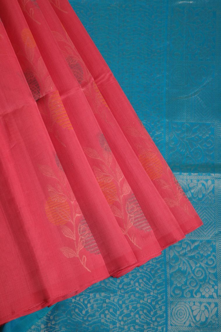 Punch Pink Silk Cotton Sarees with Gold Zari Floral Patterns view 1