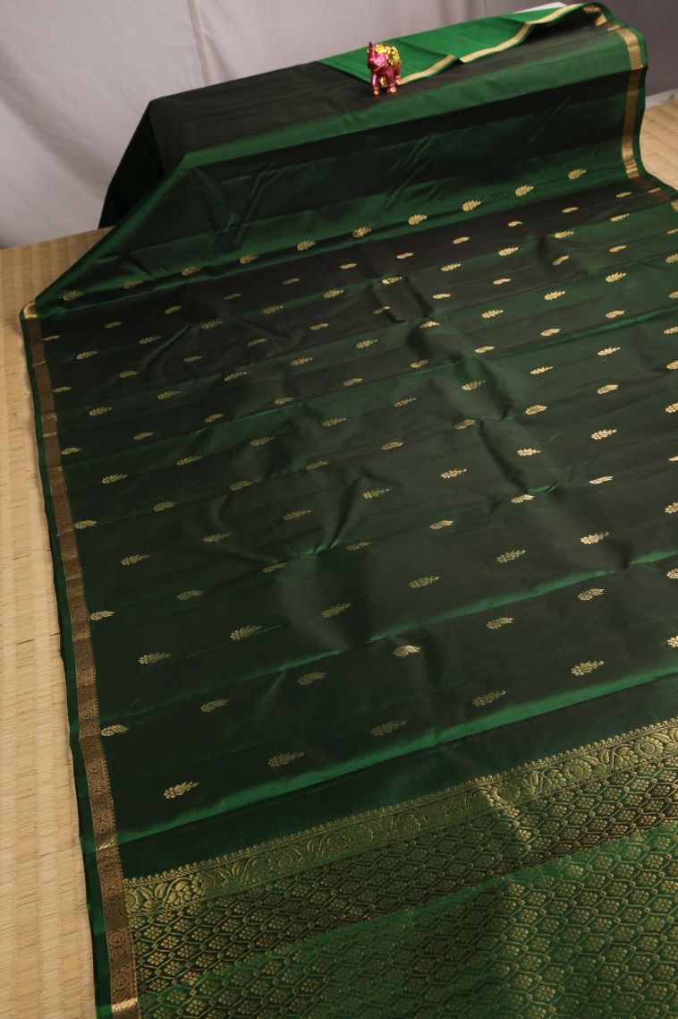 Bottle Green Soft Silk Saree with Gold Zari Floral Puttas view 2