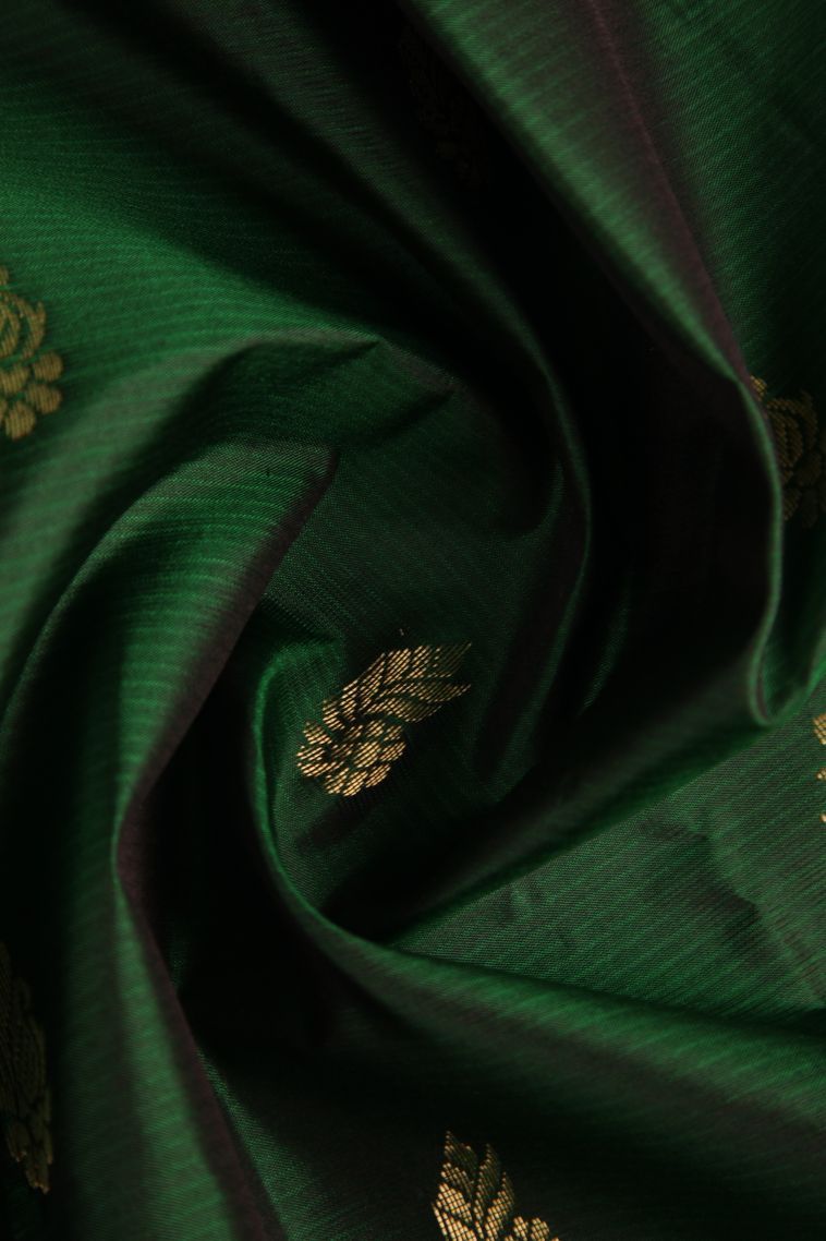 Bottle Green Soft Silk Saree with Gold Zari Floral Puttas view 4