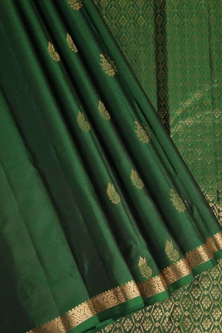 Bottle Green Soft Silk Saree with Gold Zari Floral Puttas view 1