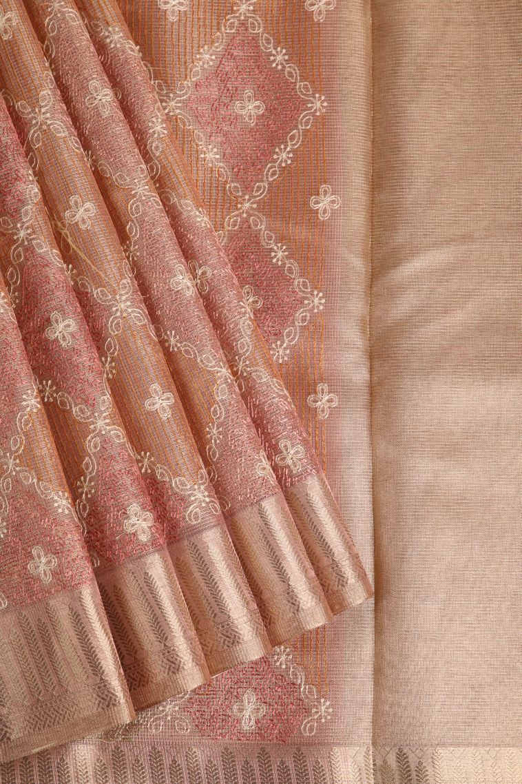 Flamingo Pink Tissue Silk Sarees with Gold Zari Geometric Shapes view 1
