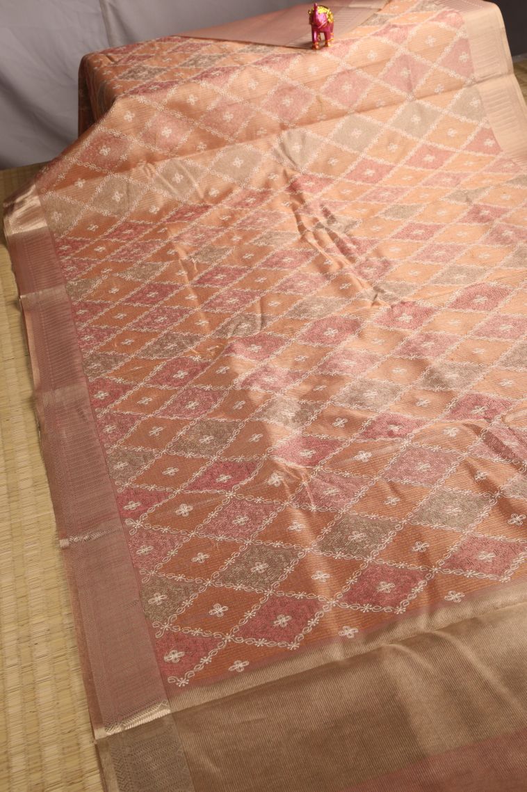 Flamingo Pink Tissue Silk Sarees with Gold Zari Geometric Shapes view 2