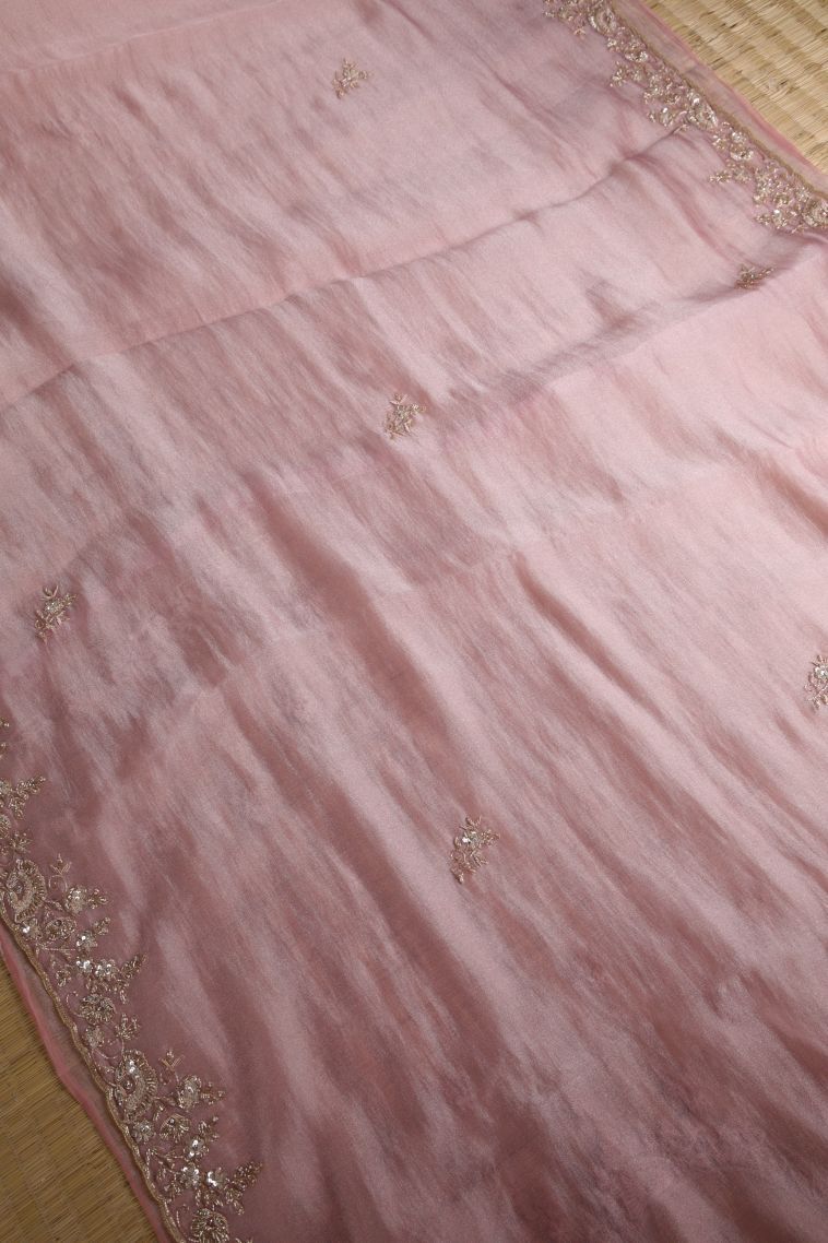 Crepe Pink Organza Saree with Gold Zari Floral Patterns view 2