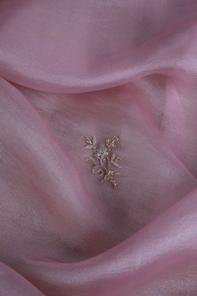 Crepe Pink Organza Saree with Gold Zari Floral Patterns view 4