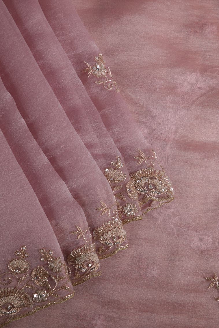 Crepe Pink Organza Saree with Gold Zari Floral Patterns view 1