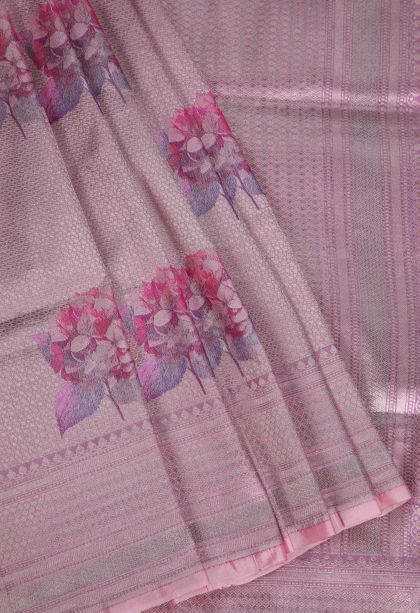 Taffy Pink Banaras Sarees with Silver Zari Floral Patterns