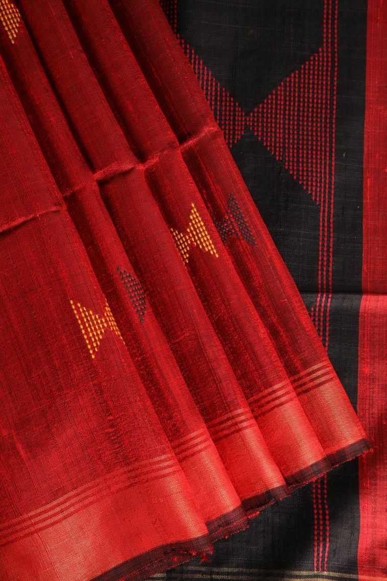 Dawn Red Jute Sarees with Gold Zari Geometric Shapes view 1