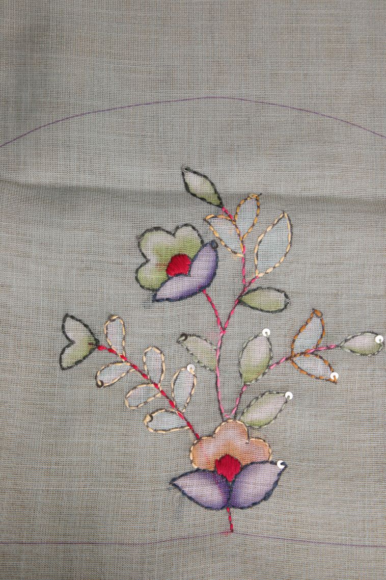 Pistachio Green Linen Saree with Without Zari Zari Floral Patterns view 3