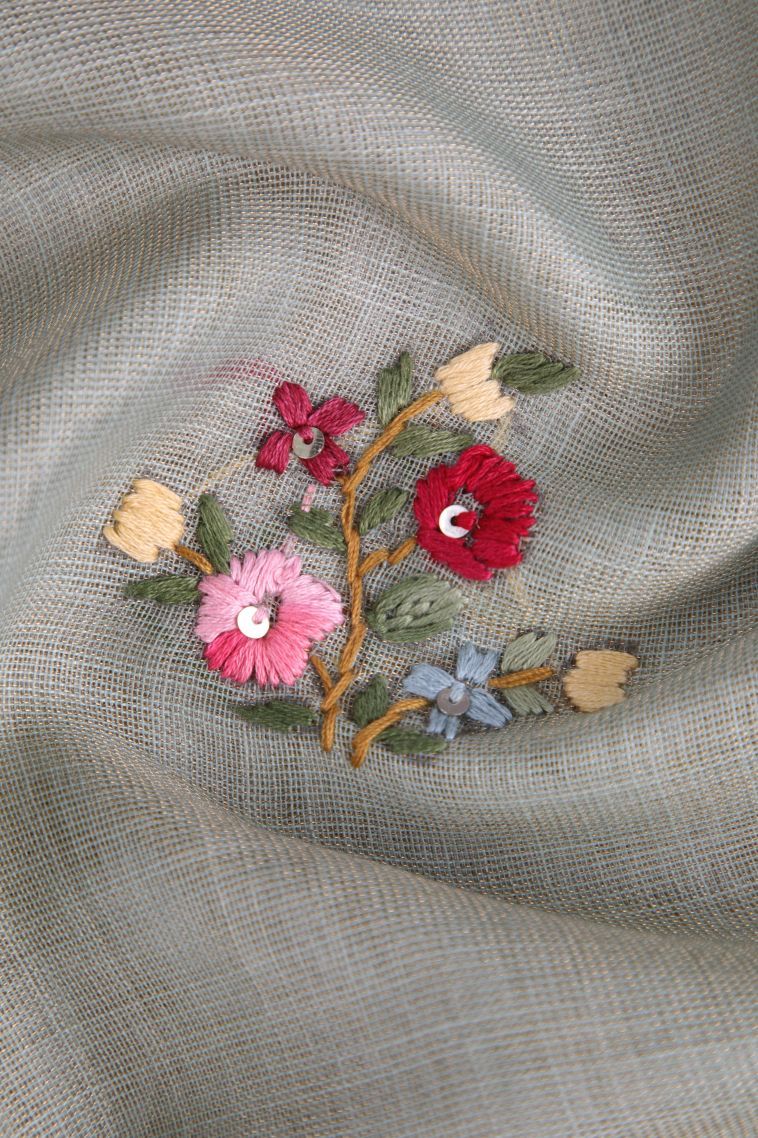 Pistachio Green Linen Saree with Without Zari Zari Floral Patterns view 4