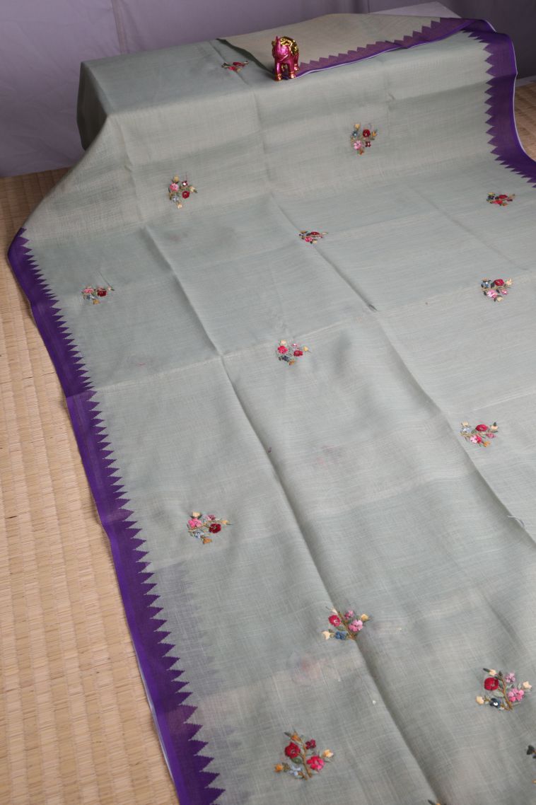 Pistachio Green Linen Saree with Without Zari Zari Floral Patterns view 2