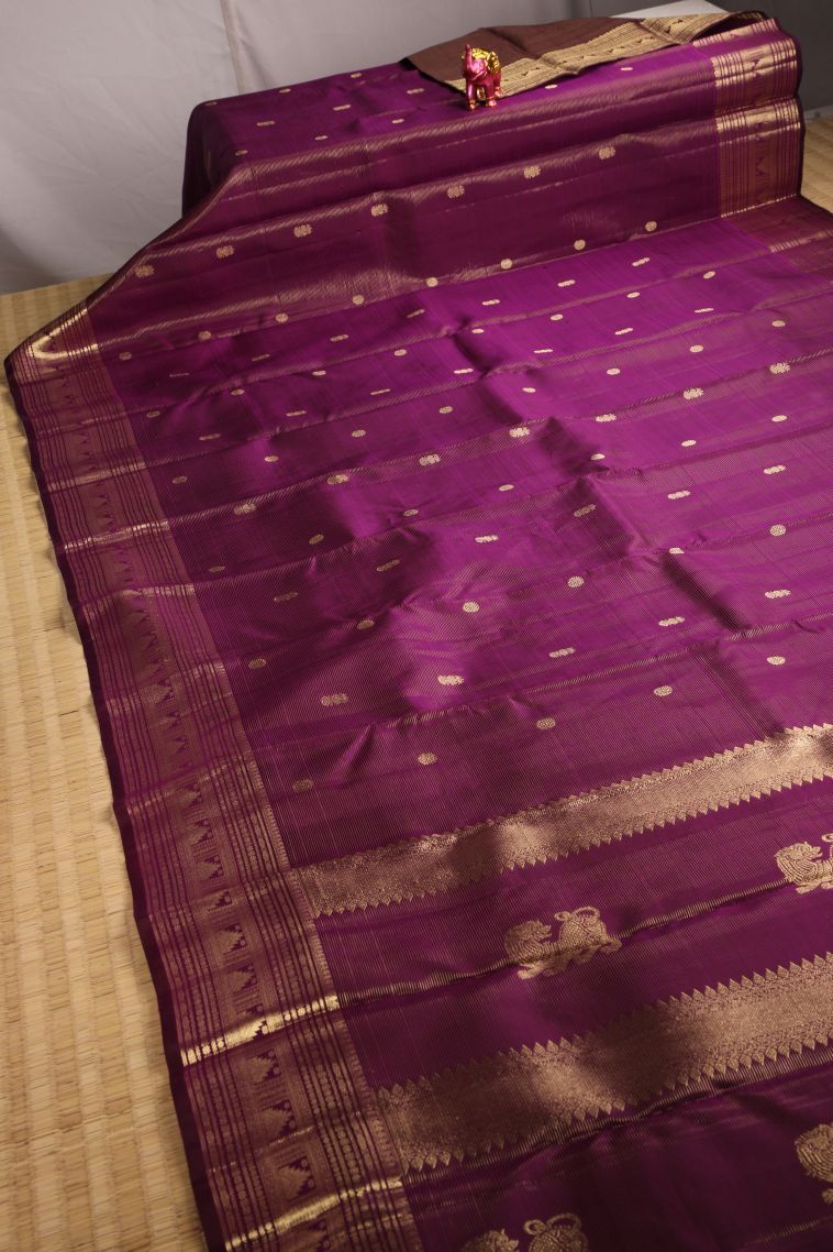 Jam Purple Kanchipuram Silk Sarees with Gold Zari Buttis (small Dots Or Motifs) view 2