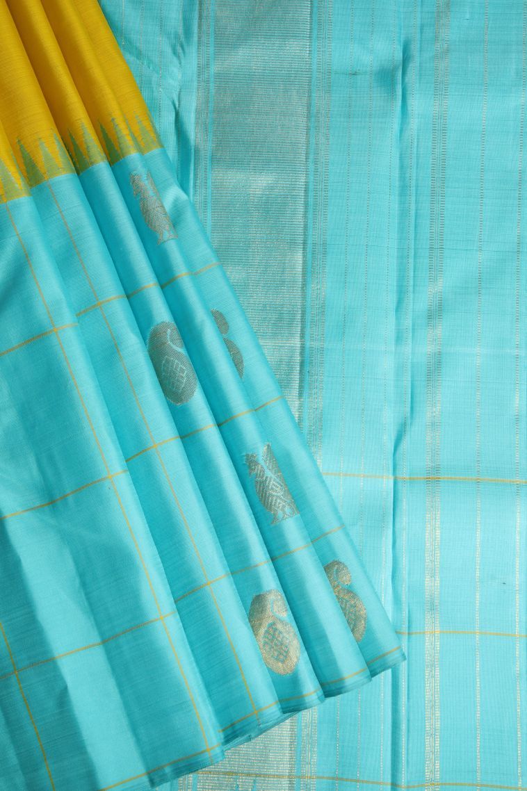Lemon Yellow Kanchipuram Silk Sarees with Gold Zari Plain view 1