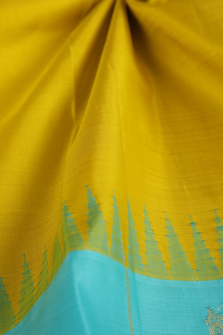 Lemon Yellow Kanchipuram Silk Sarees with Gold Zari Plain view 4