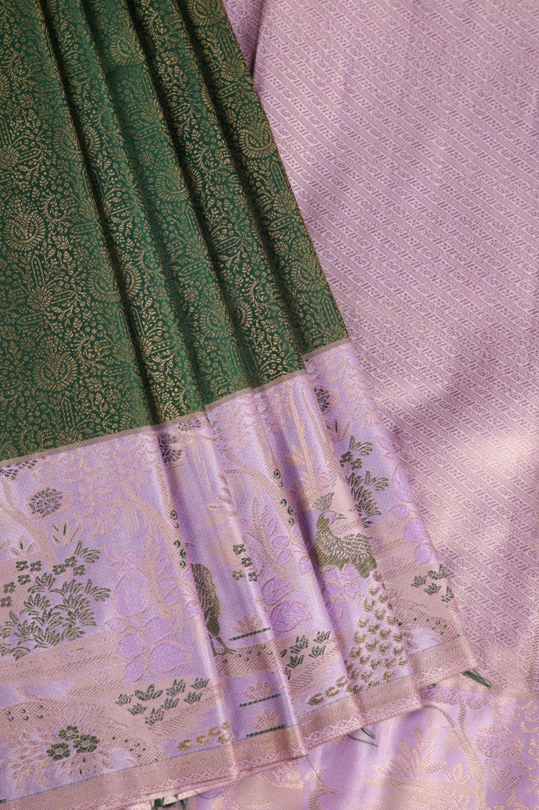 Basil Green Apoorva Silk Sarees with Gold Zari Floral Patterns view 1